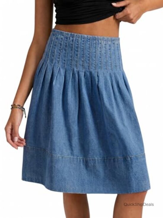 Dresses & Skirts - High Waisted Pleated Denim Midi Skirt A-Line Jean Skirt Women Casual